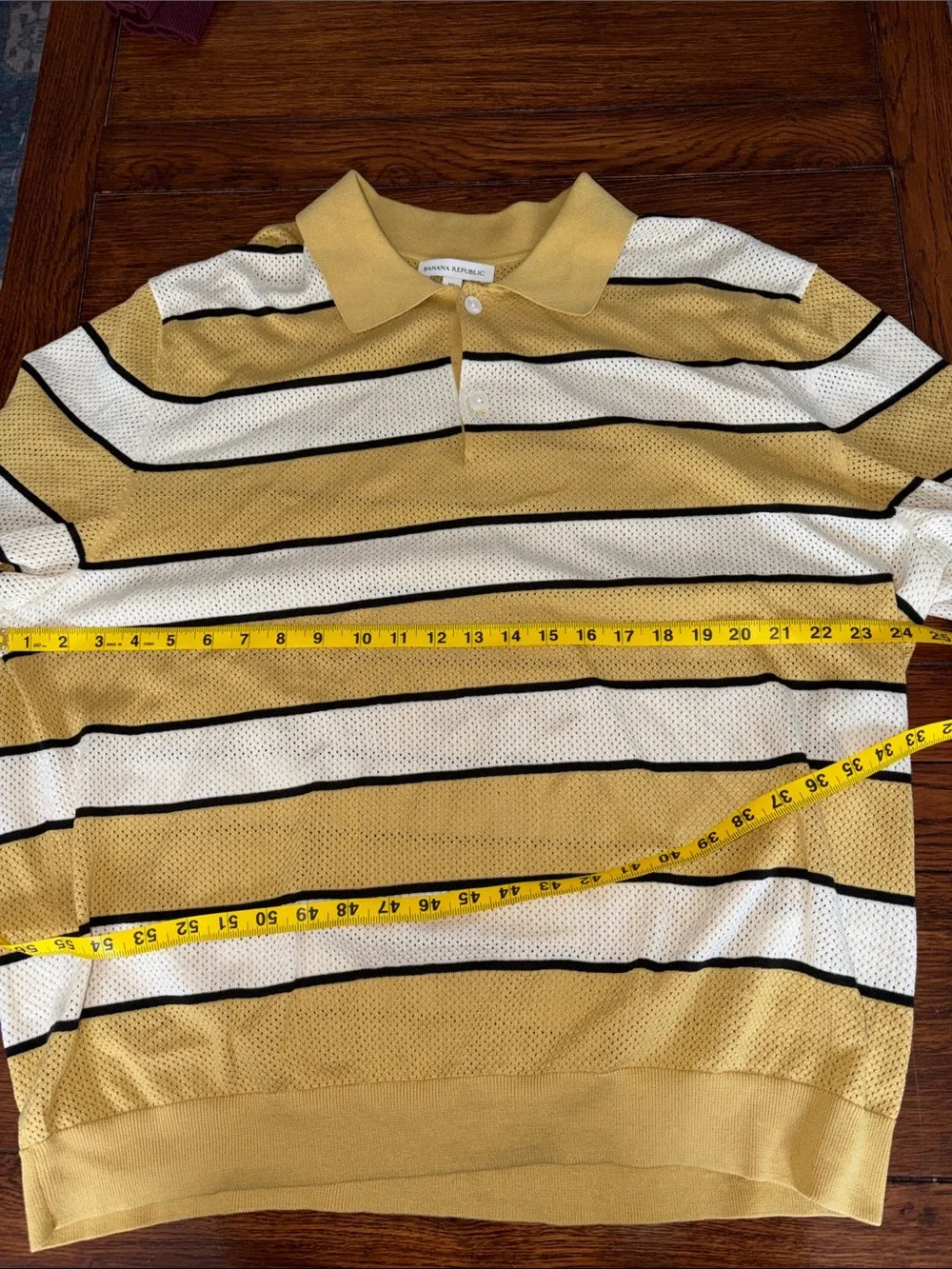 Banana Republic Yellow, White & Black Striped Mesh Polo